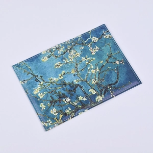 Detailed close-up of PU leather passport holder featuring Van Gogh's Almond Blossom art