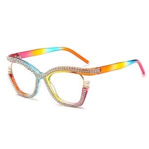 Rainbow gradient cat-eye glasses frame with rhinestones and pearls for women