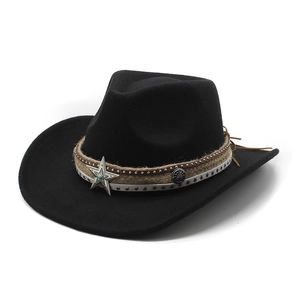Western Cowboy Hat Felt Wide Brim With Metal Star Buckle Ethnic Style Vintage Jazz Hat For Men Women