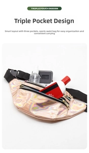 Detail view of colorful holographic waist bag featuring three separate zipper pockets