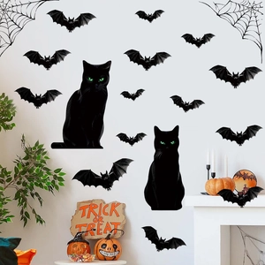 Halloween Wall Stickers Black Cat Bat Spider Web PVC Window Decals Horror Atmosphere Party Home Decoration DIY