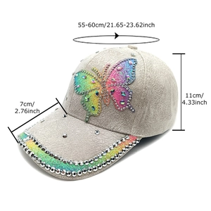 Beige faux suede baseball cap with sequin butterfly and rhinestone brim dimensions