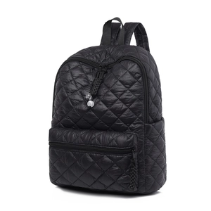 Black quilted puffer backpack with diamond pattern and front pocket for women