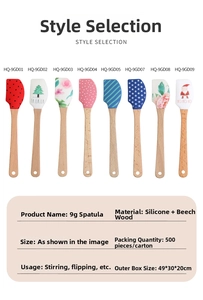 Close-up of silicone spatula set with assorted patterns and beech wood handles