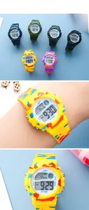Detailed views of camouflage digital sport watch for kids with colorful LED backlight