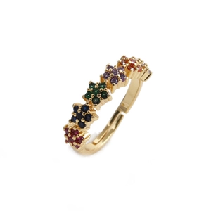 Close-up of gold plated ring featuring five multi-colored zircon stones in floral shapes