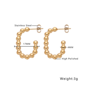 Polished gold stainless steel C-shaped beaded hoop earrings 17mm diameter detail