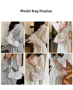 Collage of floral canvas bags with drawstring and ruffled straps in three colors
