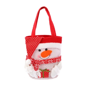 Christmas snowman gift bag made of red fleece and knit fabric with 3D festive doll
