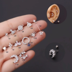 Stainless Steel Zirconia Ear Cartilage Stud Earrings For Women Tiny Crown Planet Moon Helix Piercing Screw Back Jewelry