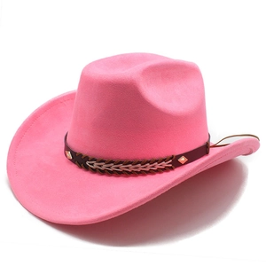 Detailaufnahme der rosa Wildleder-Cowboyhutkrone mit braunem Flechtband und Schnalle