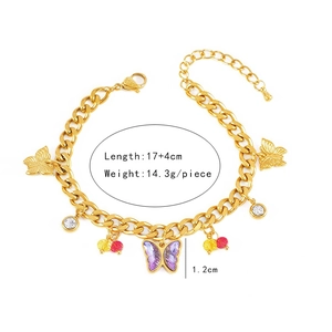Detail view of butterfly charm bracelet showing length 17+4cm and weight 14.3g