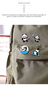 Detailed enamel panda pins showing sport themes on a canvas backpack strap