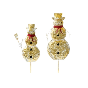 Golden metal snowman Christmas ornaments with red scarves and hammered texture finish
