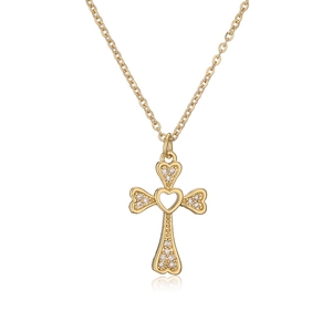 Macro shot of 18K gold plated heart cross pendant with micro-set zircon stones