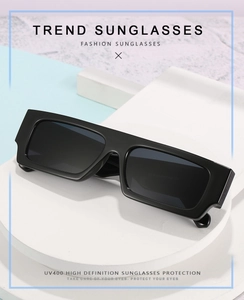 Detail view of black square frame sunglasses with UV400 protection on a white display stand