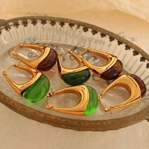 Hoop Earrings Stainless Steel With Resin Waterdrop Pendant Retro French Style U Shaped Jewelry For Women