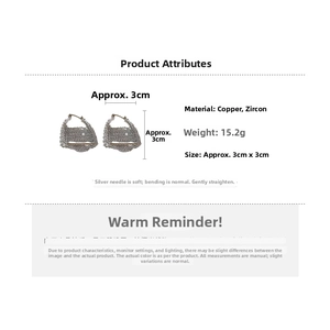 Detailed specs of silver zircon bag-shaped hoop earrings featuring copper and silver pins