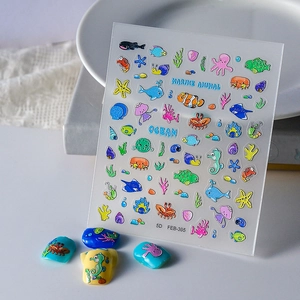 5D Embossed Nail Stickers Ocean Marine Animal Theme Self Adhesive Waterproof 3D Relief Manicure Decorations For Women