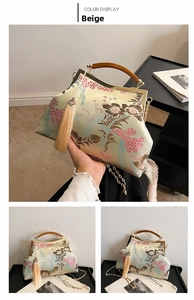 Detail of beige Chinese style handbag with floral embroidery and wooden handle