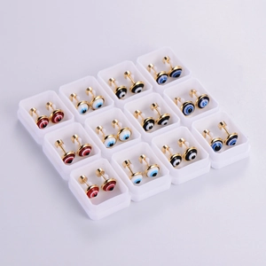 Set of 12 pairs of gold-plated evil eye stud earrings in red, blue, and black enamel