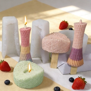 DIY silicone mold set for creating textured pillar candles with woven pattern and fruit decor