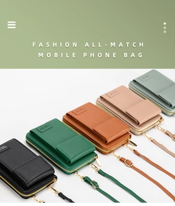 Detail of multi-color crossbody phone bags with lychee grain texture and gold zippers