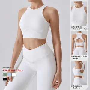 White ribbed high-impact sports bra and high-waisted leggings set with cutout back design