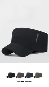 Detail view of cotton cadet cap featuring adjustable flat top and decorative side label