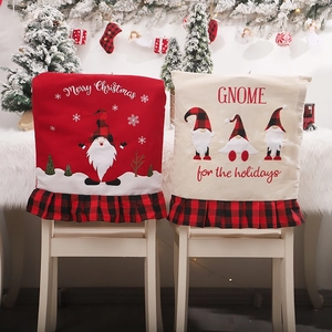 Christmas gnome chair covers with red black plaid ruffles and festive embroidery