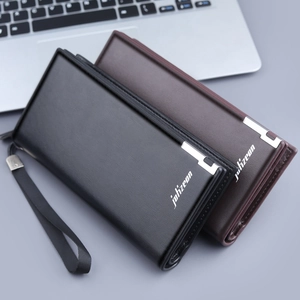 Men's large capacity leather clutch wallets in black and brown with secure zipper closure