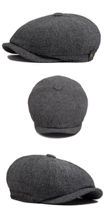 Three views showing grey herringbone newsboy cap with woolen texture and metal pin
