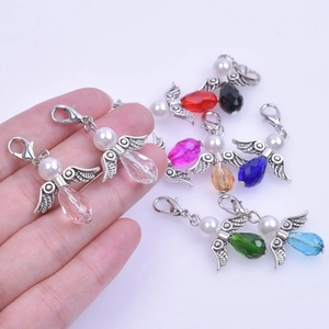 Handmade angel wing pendant with colorful crystal drop and faux pearl in various colors
