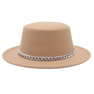Classic camel wool felt flat top boater hat with a bold decorative silver chain link