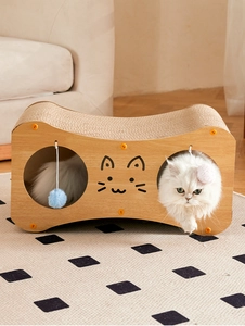 Detail of wooden 2-layer cat scratching house featuring a hanging toy ball and cute design