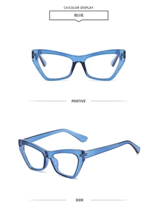 Blue cat eye glasses frame showing positive and side views in translucent plastic material