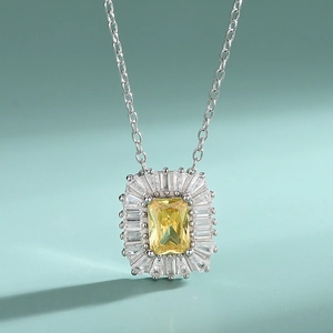 S925 sterling silver yellow diamond necklace with rectangular gemstone and zircon halo