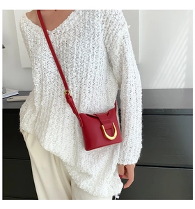 Detail of red leather crossbody bag featuring a distinctive gold horseshoe metal clasp