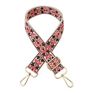 Ethnic style red and black embroidered bag strap with adjustable length and gold clips