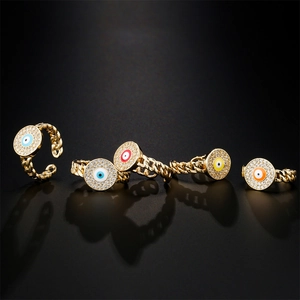 5-piece gold chain texture evil eye ring set with colorful zircon and enamel inlay