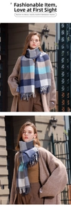 Detail of color-block plaid scarf with fringes in deep blue and grey tones