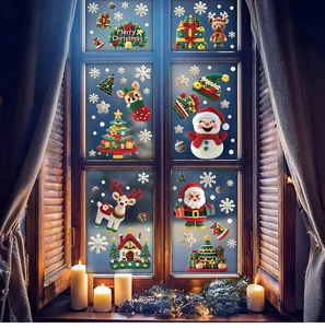 Detail of Christmas window stickers with Santa and reindeer motifs in a cozy knit texture