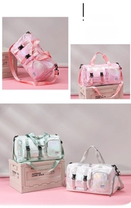 Detail of waterproof pearlescent sports bag showing iridescent material and compartments