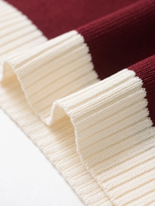 Close-up of rib-knit texture with burgundy and cream-white contrast stitching details