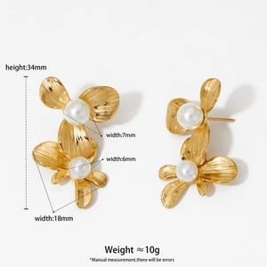 Golden flower cluster pearl earrings with brushed texture, size 34x18mm, 10g total weight