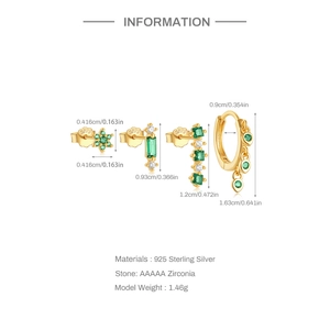 Detailed spec sheet showing S925 sterling silver earrings with green zircon and size dimensions