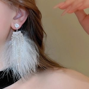 Close-up of long rhinestone tassel earrings with white feathers worn by a model