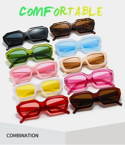 Array of colorful small frame sunglasses in black, tortoiseshell and vibrant candy colors