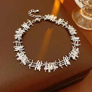 Silver luxury zircon square link bracelet with modern geometric design and lobster clasp