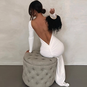 Elegant white backless long sleeve maxi dress with ruched details and a slim fit design